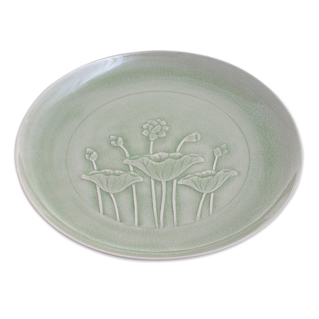 Green Celadon Ceramic Lotus Flower Dinner Plate - Flavorful