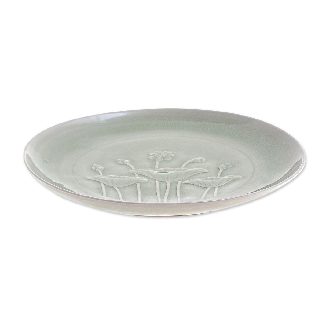 Green Celadon Ceramic Lotus Flower Dinner Plate - Flavorful