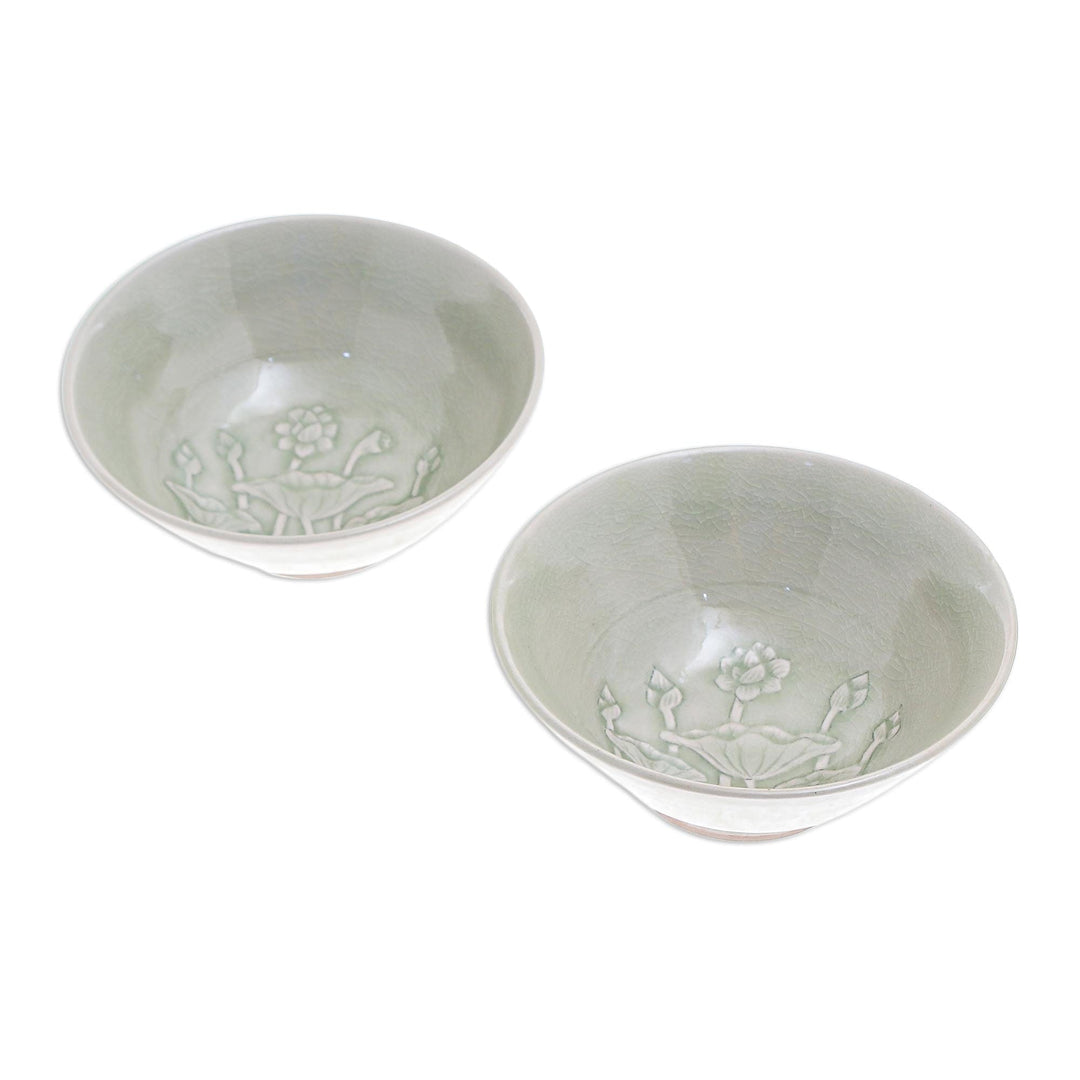Green Celadon Ceramic Lotus Flower Bowls (Pair) - Flavorful