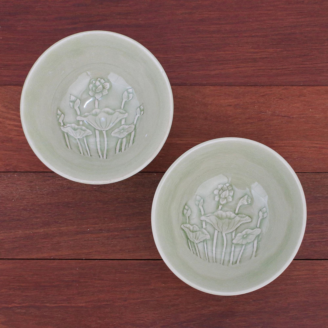 Green Celadon Ceramic Lotus Flower Bowls (Pair) - Flavorful