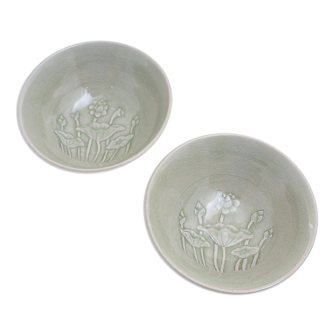 Green Celadon Ceramic Lotus Flower Bowls (Pair) - Flavorful
