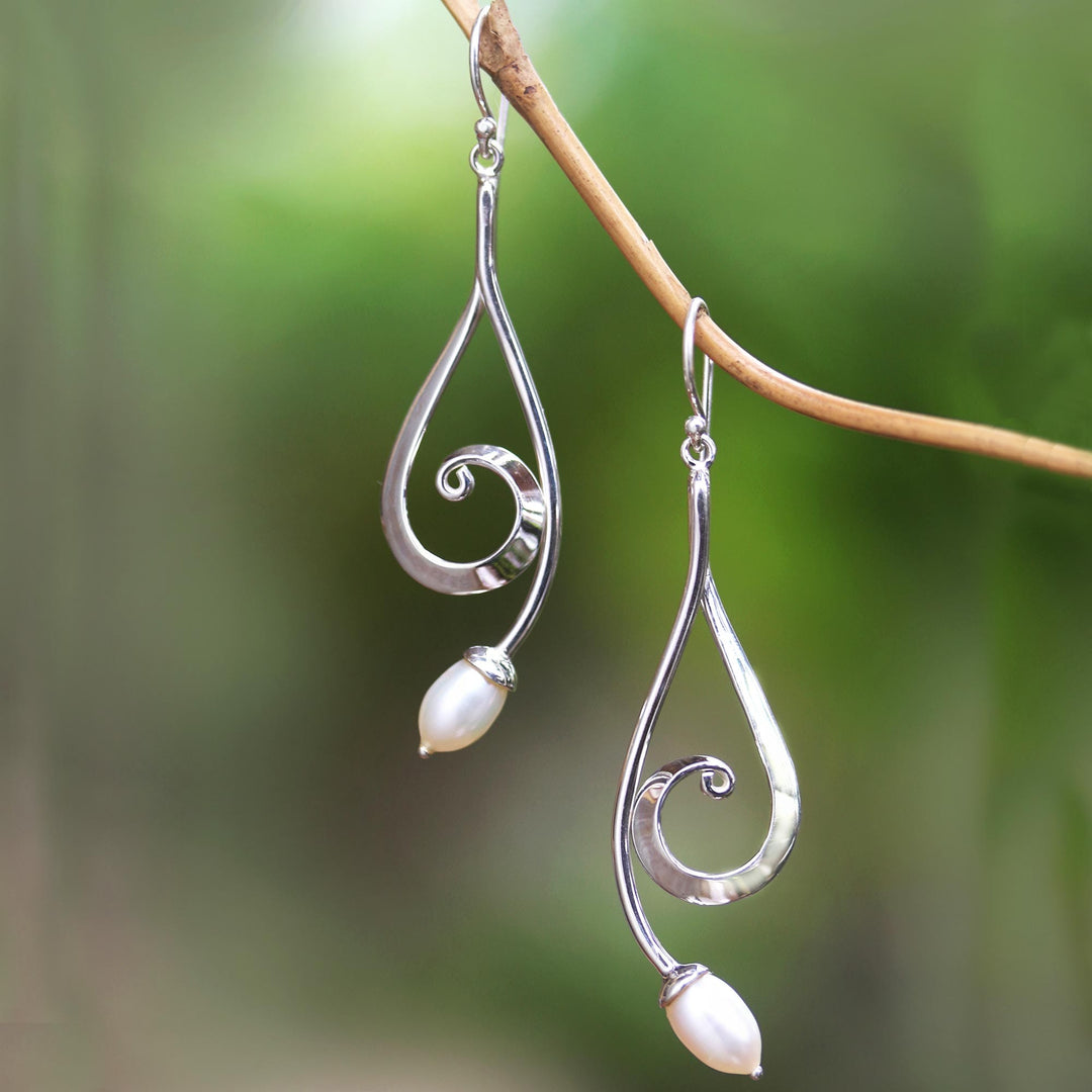 Sterling Silver and Cultured Pearl Dangle Earrings - Wave Melody in White