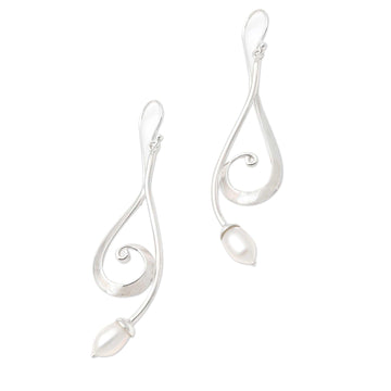 Sterling Silver and Cultured Pearl Dangle Earrings - Wave Melody in White