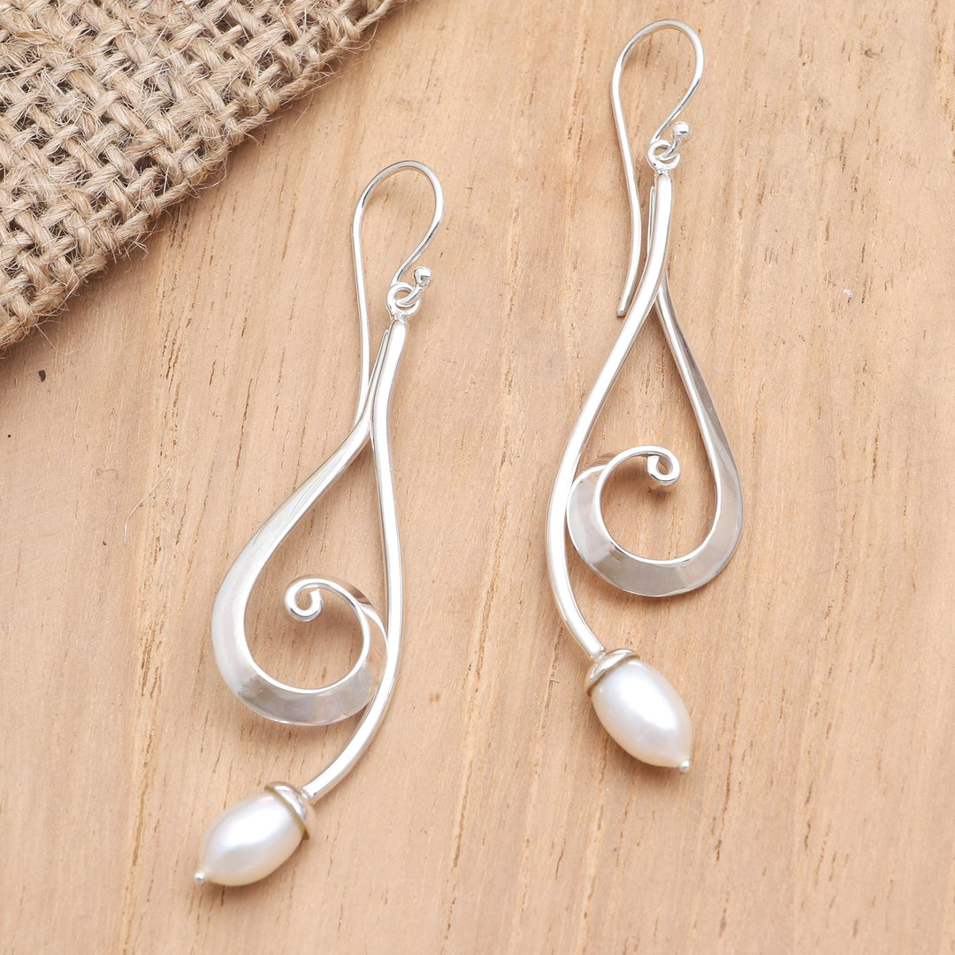 Sterling Silver and Cultured Pearl Dangle Earrings - Wave Melody in White