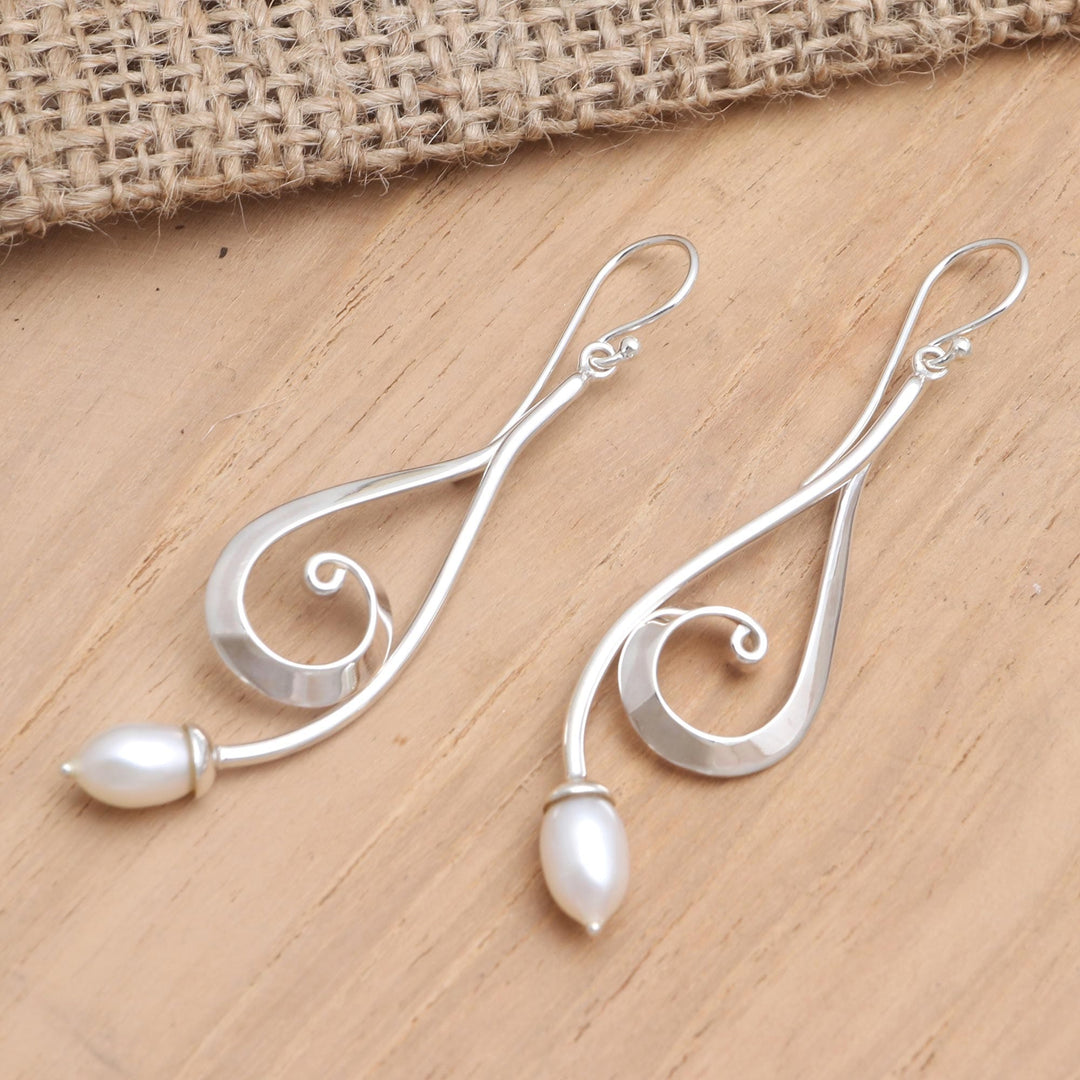 Sterling Silver and Cultured Pearl Dangle Earrings - Wave Melody in White