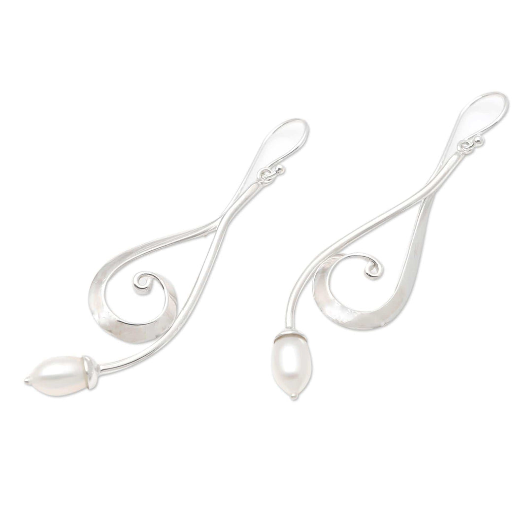 Sterling Silver and Cultured Pearl Dangle Earrings - Wave Melody in White