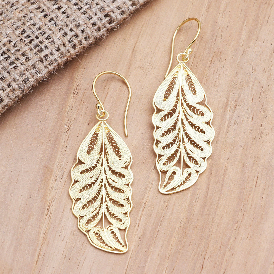 Gold-Plated Leaf Motif Dangle Earrings - Forest Life
