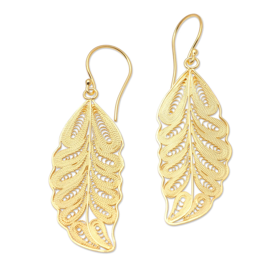 Gold-Plated Leaf Motif Dangle Earrings - Forest Life