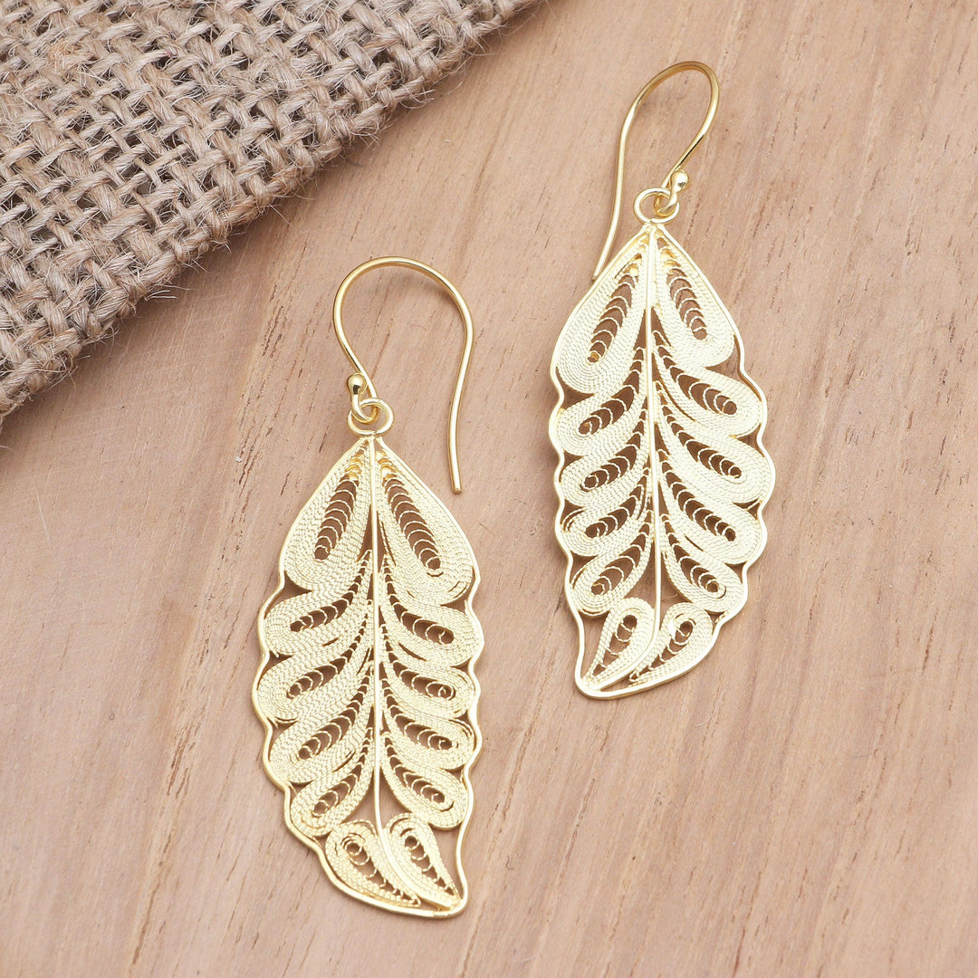 Gold-Plated Leaf Motif Dangle Earrings - Forest Life