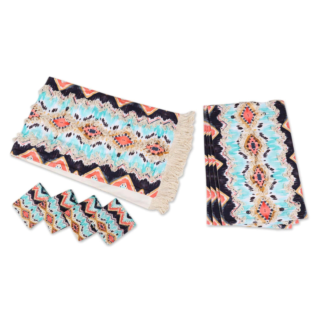 Geometric-Patterned Cotton Table Linen Set (Set for 4) - Sunset Shores