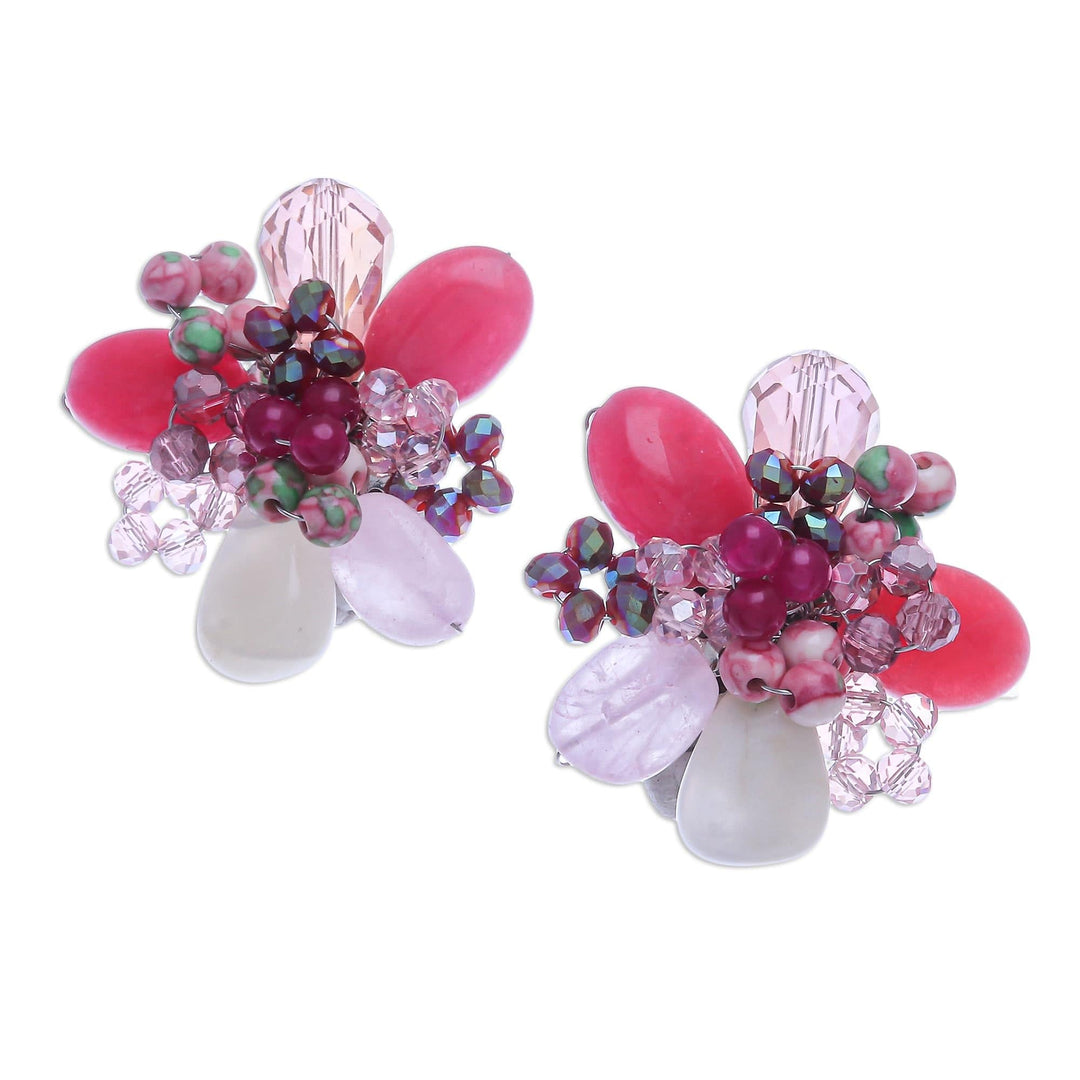Agate and Rose Quartz Cluster Clip-On Earrings - Solaris in Pink