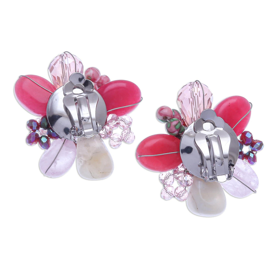 Agate and Rose Quartz Cluster Clip-On Earrings - Solaris in Pink