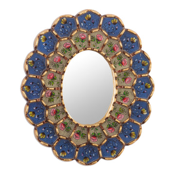 Oval Reverse-Painted Glass Wall Mirror - Idyllic Garden in Blue