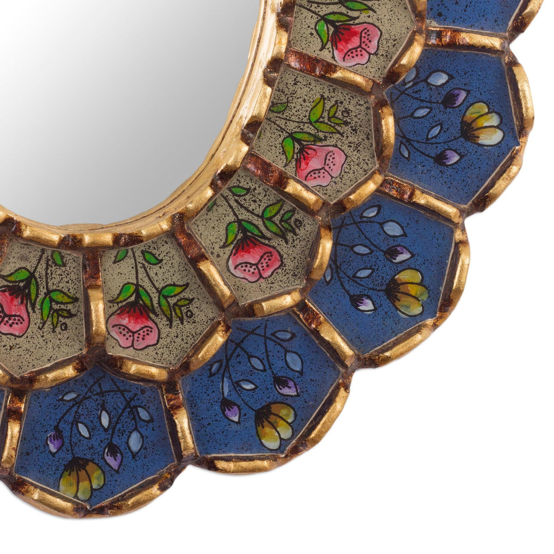 Oval Reverse-Painted Glass Wall Mirror - Idyllic Garden in Blue