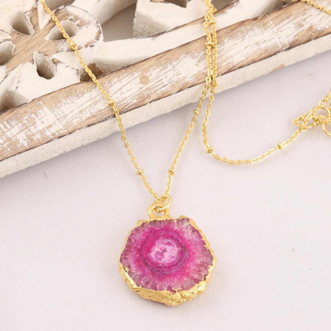 Gold-Plated Pink Solar Quartz Pendant Necklace - Mystic Power