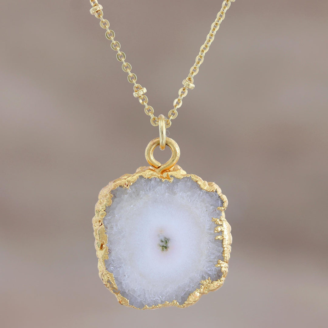 Gold-Plated White Solar Quartz Pendant Necklace - White Illusion