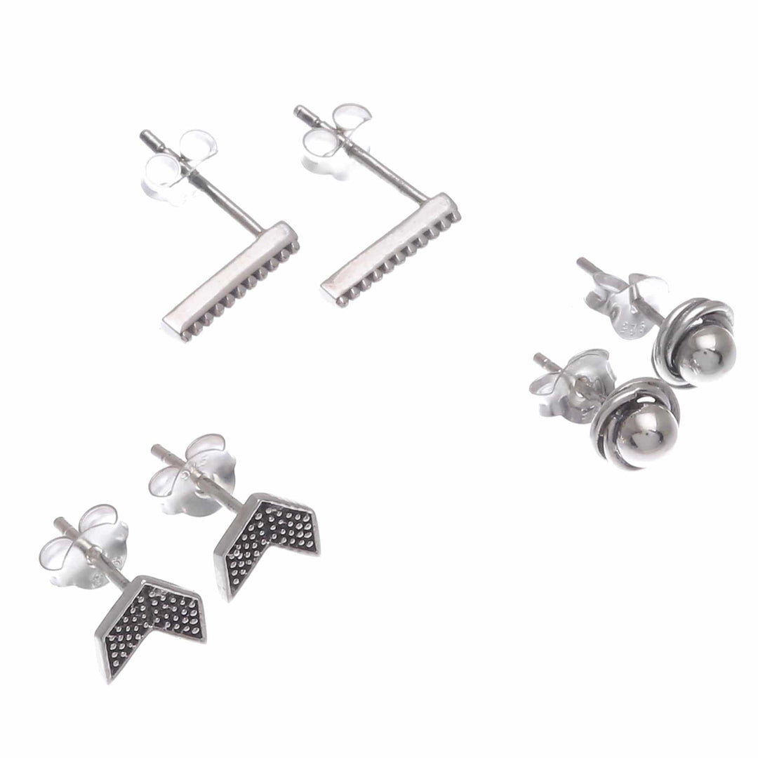 Artisan Made Sterling Silver Stud Earrings (Set of 3) - Weekday Trio