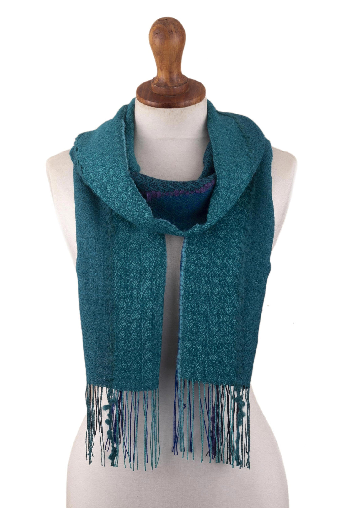 Teal Patterned Baby Alpaca Blend Scarf - Peacock Path