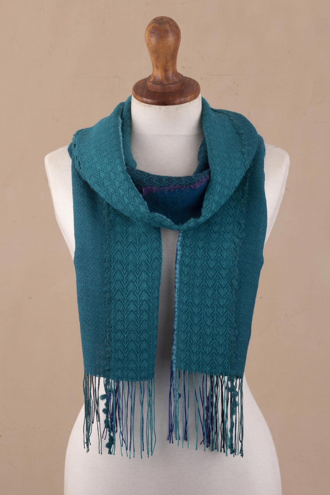 Teal Patterned Baby Alpaca Blend Scarf - Peacock Path