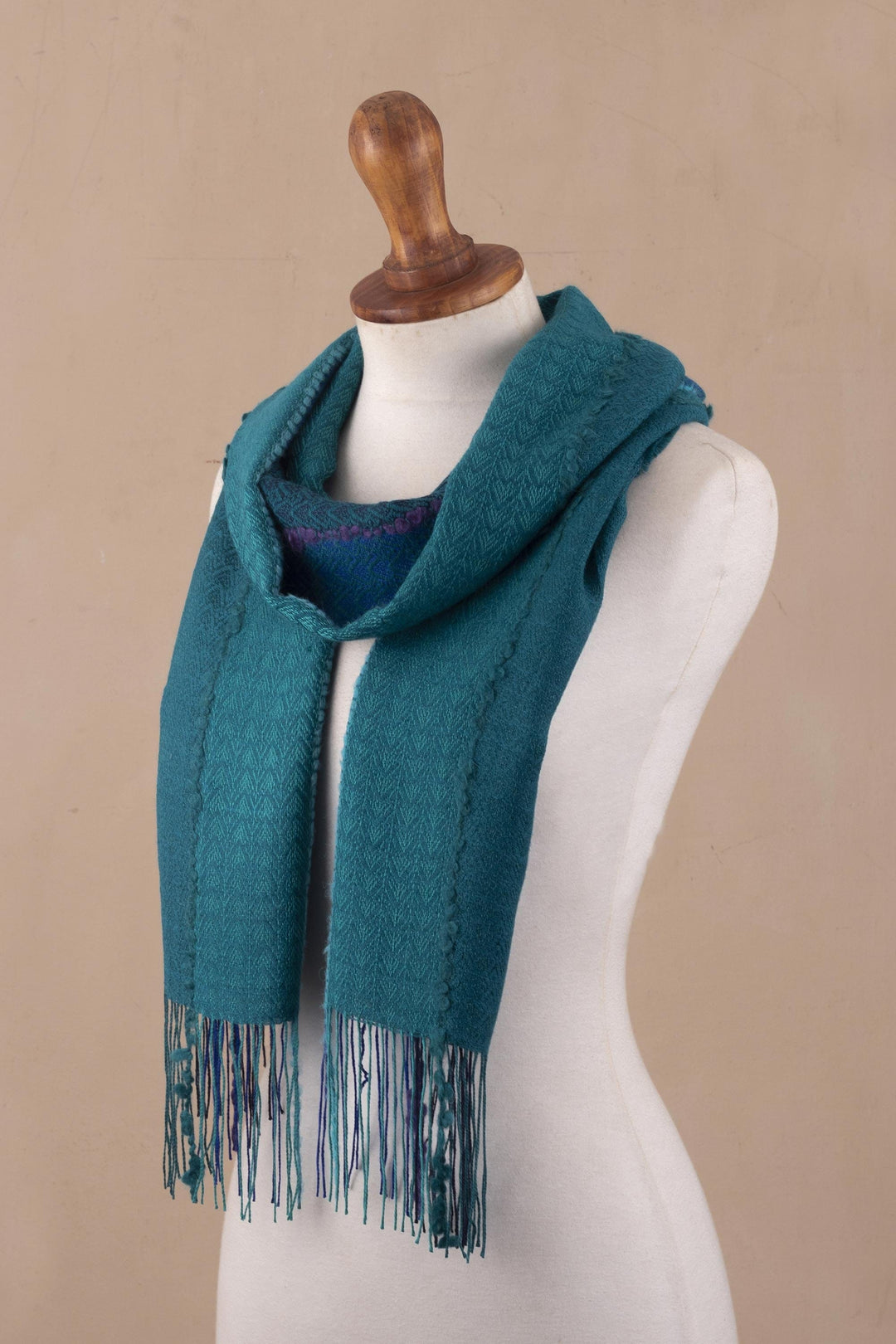 Teal Patterned Baby Alpaca Blend Scarf - Peacock Path