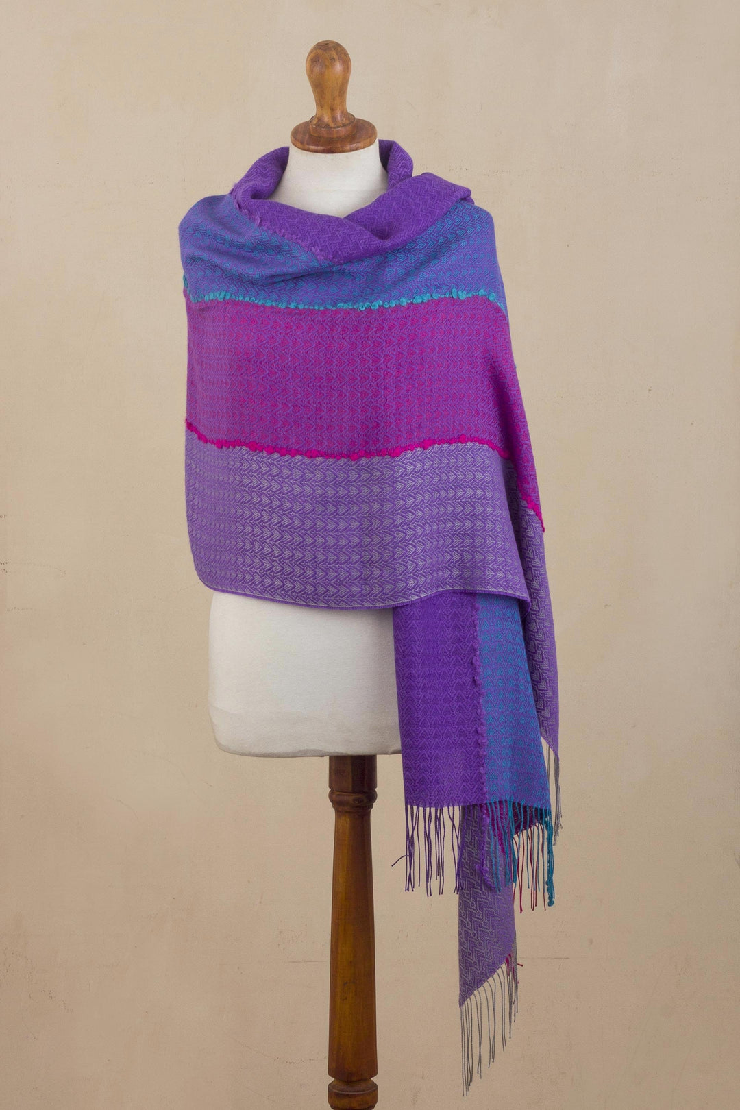Hand Woven Alpaca Blend Jacquard Shawl Scarf from Peru - Violet Sunsets
