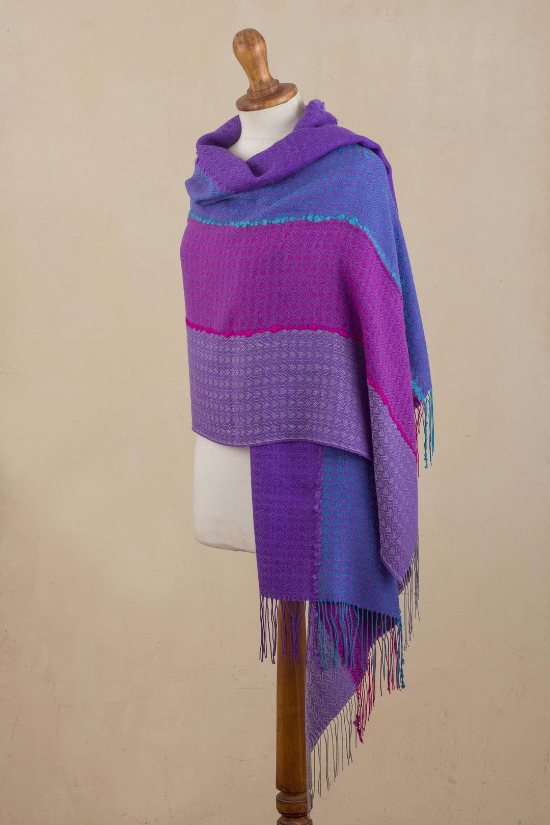 Hand Woven Alpaca Blend Jacquard Shawl Scarf from Peru - Violet Sunsets