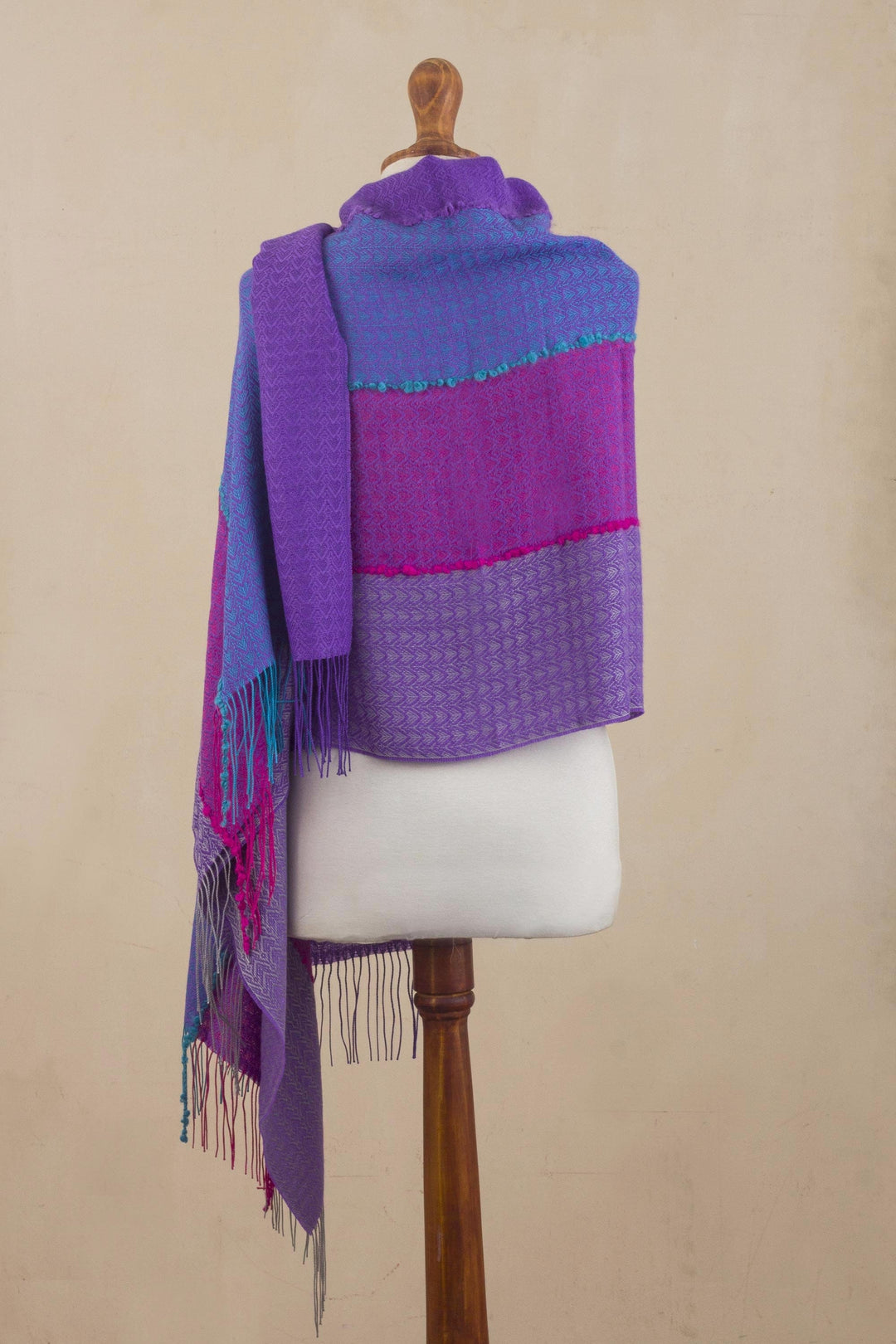 Hand Woven Alpaca Blend Jacquard Shawl Scarf from Peru - Violet Sunsets