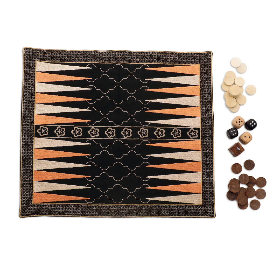 Canvas Backgammon Set with Embroidery - Ganga Star in Taupe