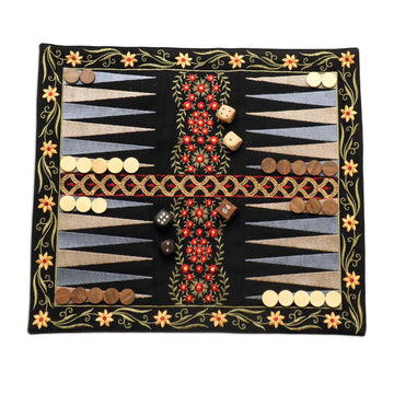 Floral Embroidered Backgammon Set - Ganga Garden in Red