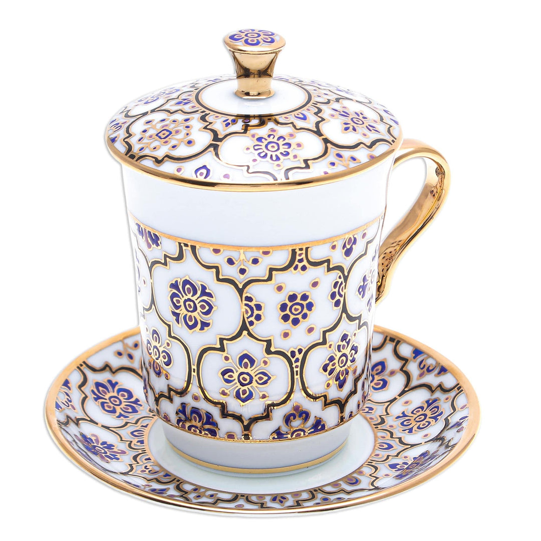 Benjarong Porcelain Cup and Saucer Set - Blue Celebration