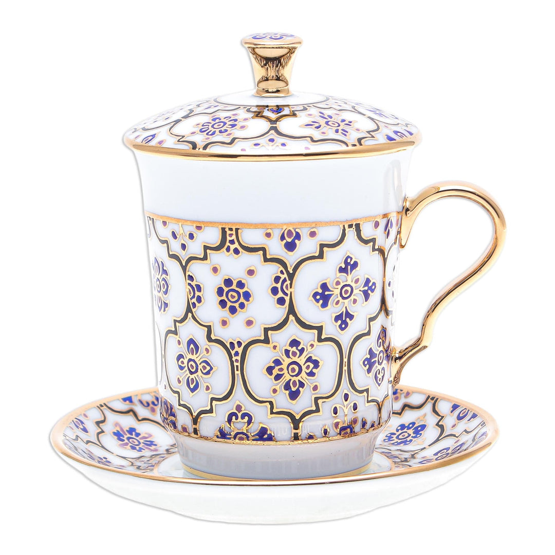 Benjarong Porcelain Cup and Saucer Set - Blue Celebration