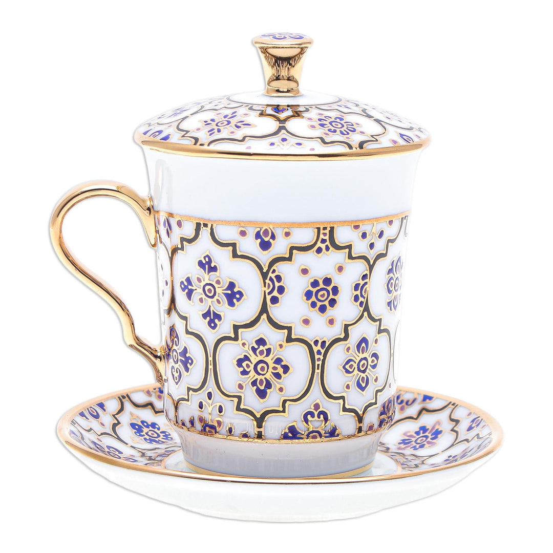 Benjarong Porcelain Cup and Saucer Set - Blue Celebration