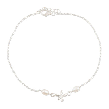 Cultured Pearl and Sterling Silver Anklet - Dragonfly Over Water