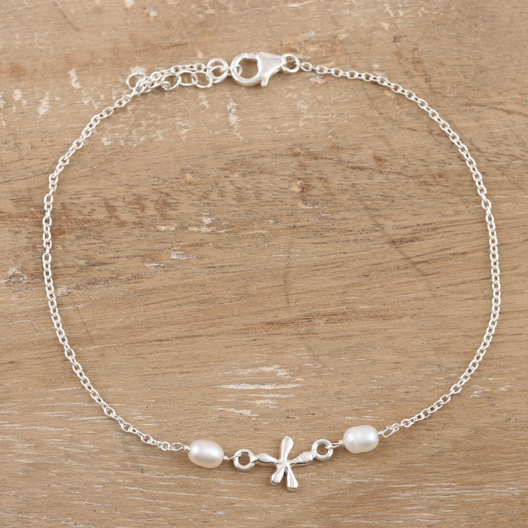 Cultured Pearl and Sterling Silver Anklet - Dragonfly Over Water