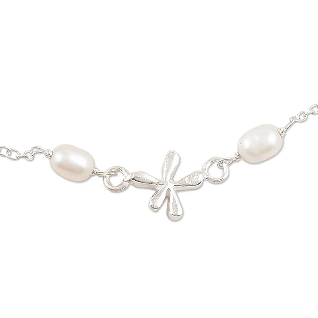 Cultured Pearl and Sterling Silver Anklet - Dragonfly Over Water