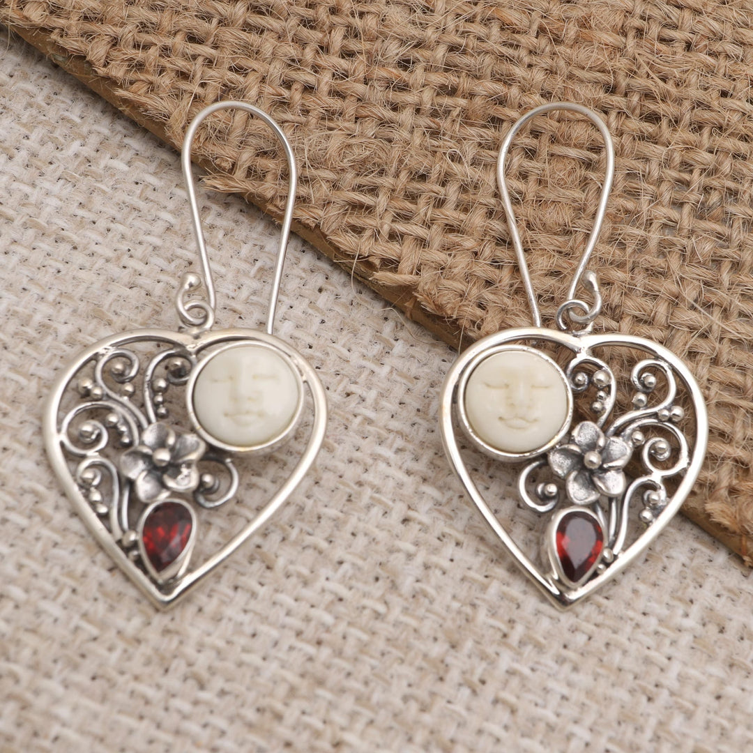 Garnet Moon and Heart-Themed Dangle Earrings - Moon Love
