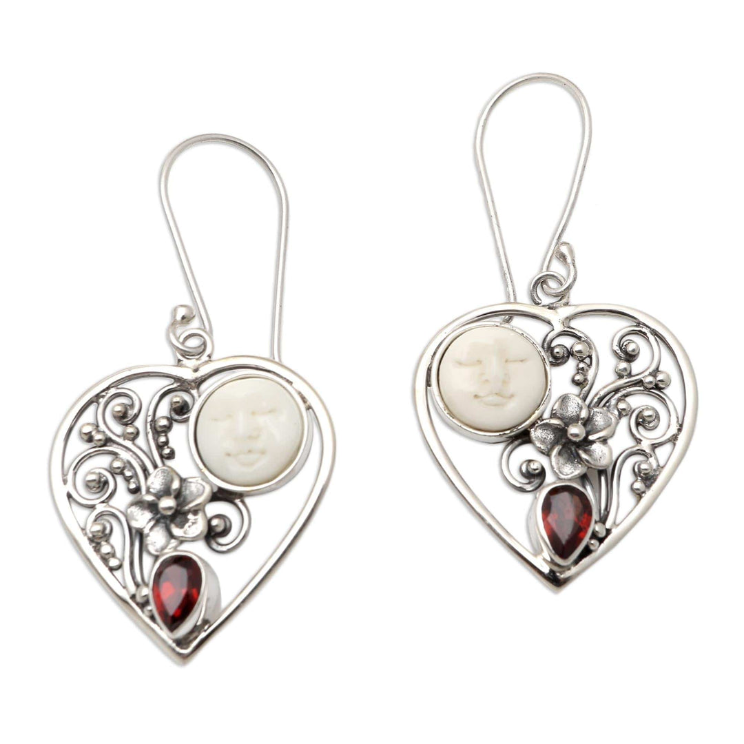 Garnet Moon and Heart-Themed Dangle Earrings - Moon Love