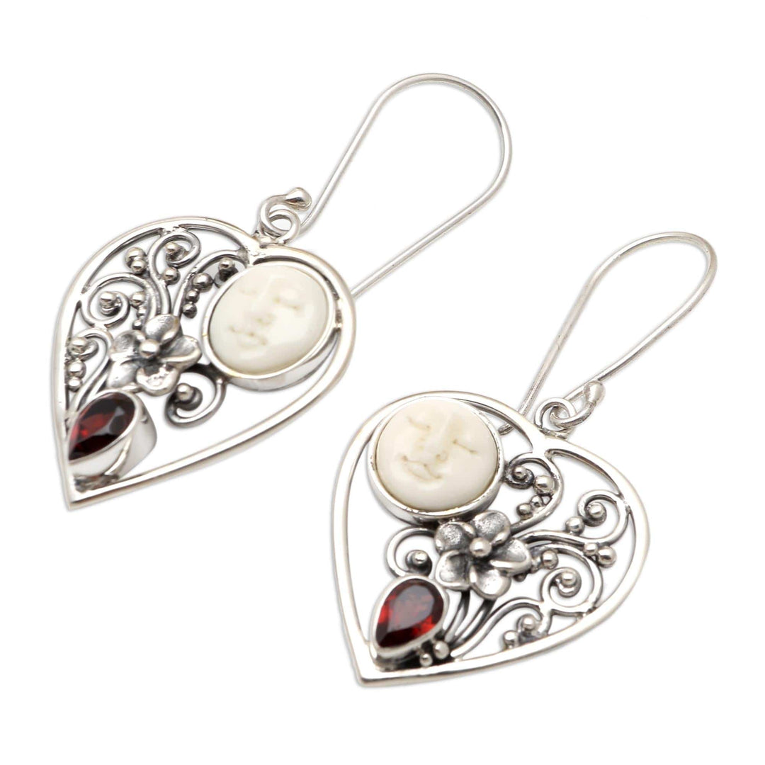 Garnet Moon and Heart-Themed Dangle Earrings - Moon Love
