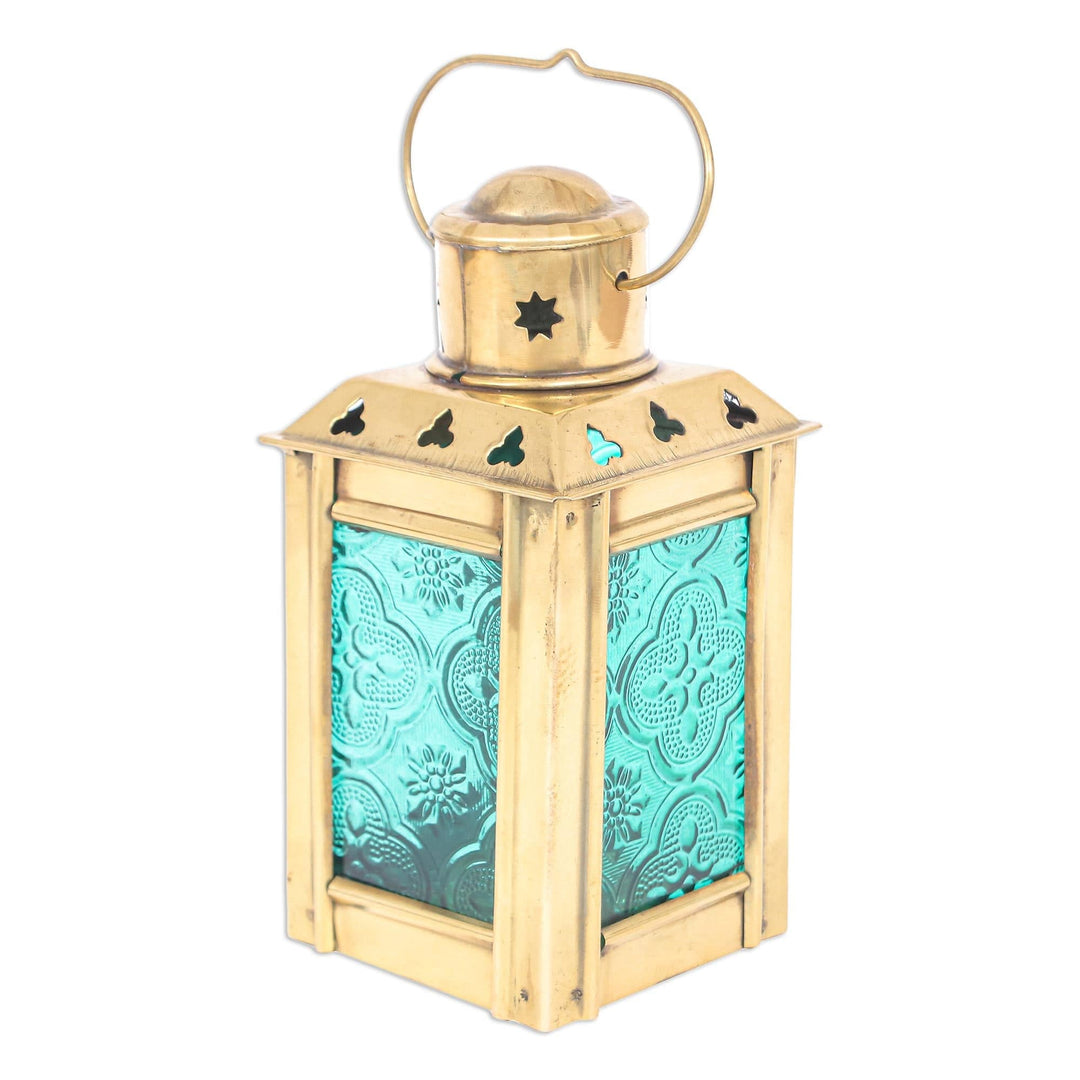 Green Pressed Glass and Brass Tealight Holder - Lantern in Green