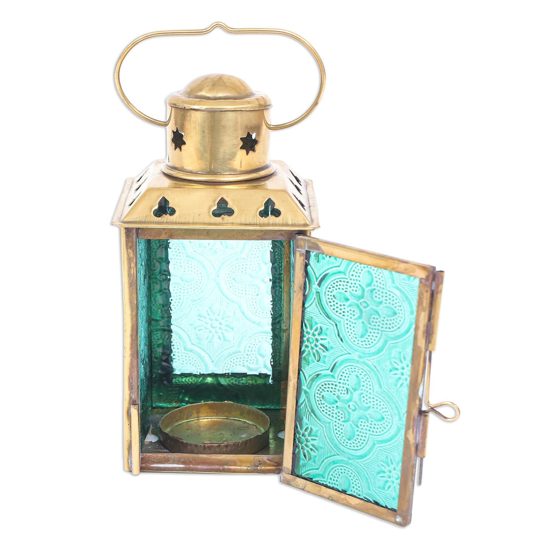 Green Pressed Glass and Brass Tealight Holder - Lantern in Green