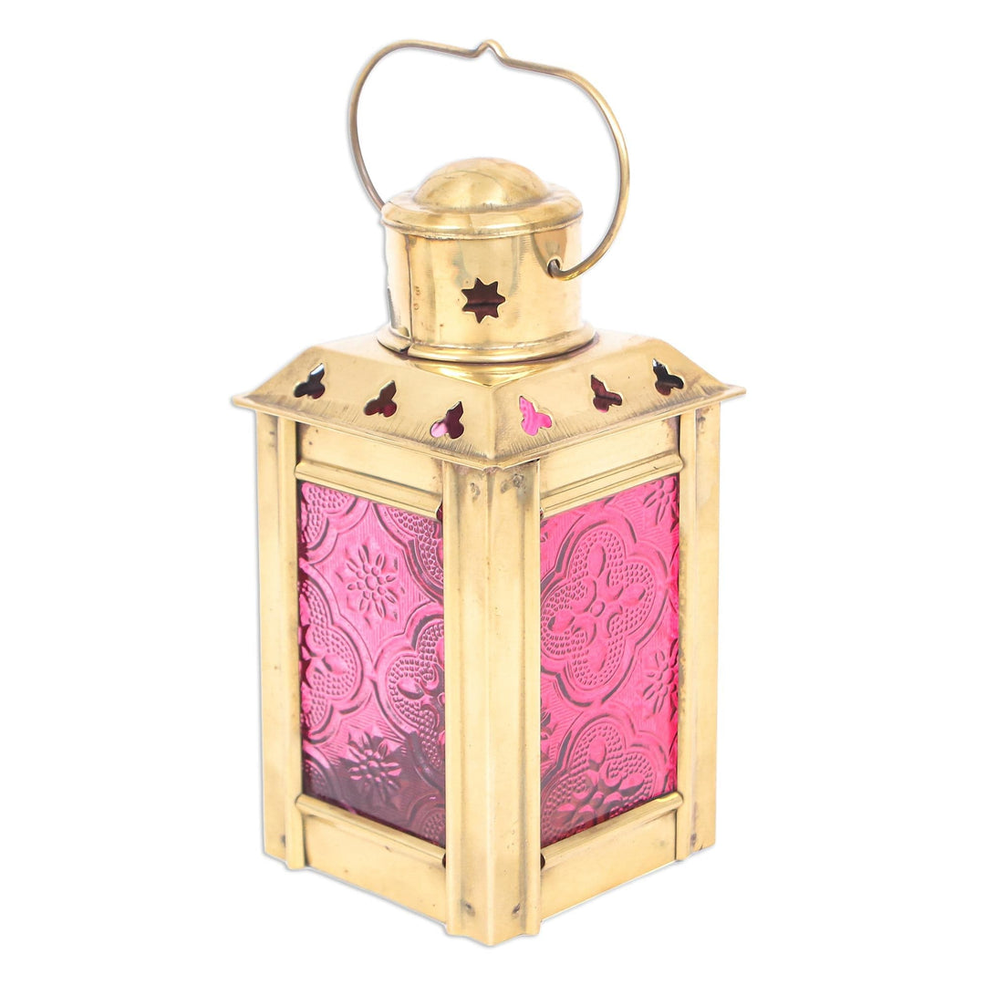 Red Pressed Glass and Brass Tealight Holder - Lantern in Red