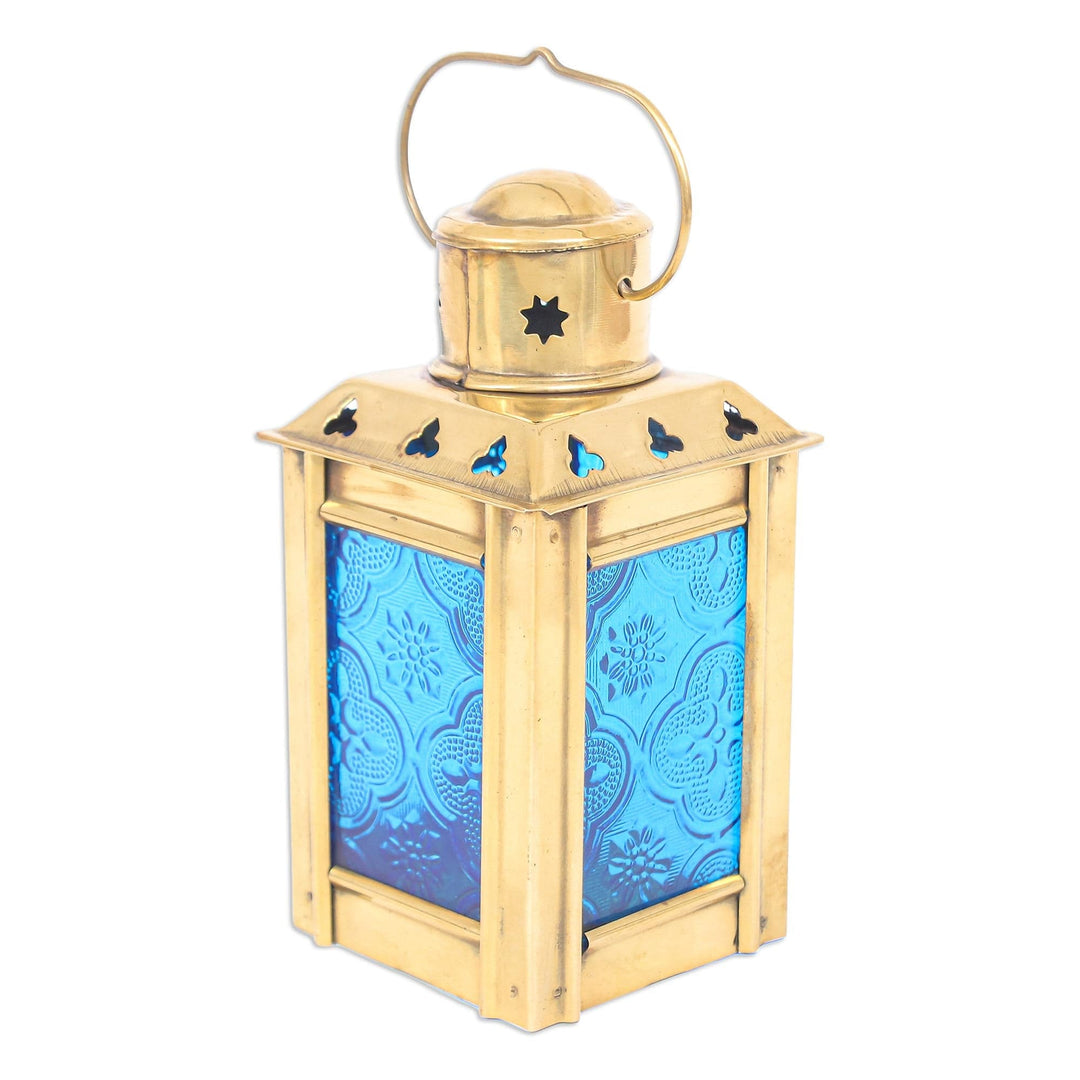 Blue Pressed Glass and Brass Tealight Holder - Lantern in Blue