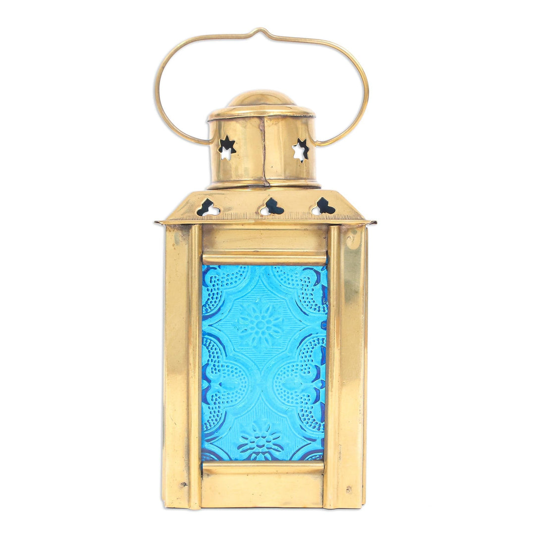 Blue Pressed Glass and Brass Tealight Holder - Lantern in Blue