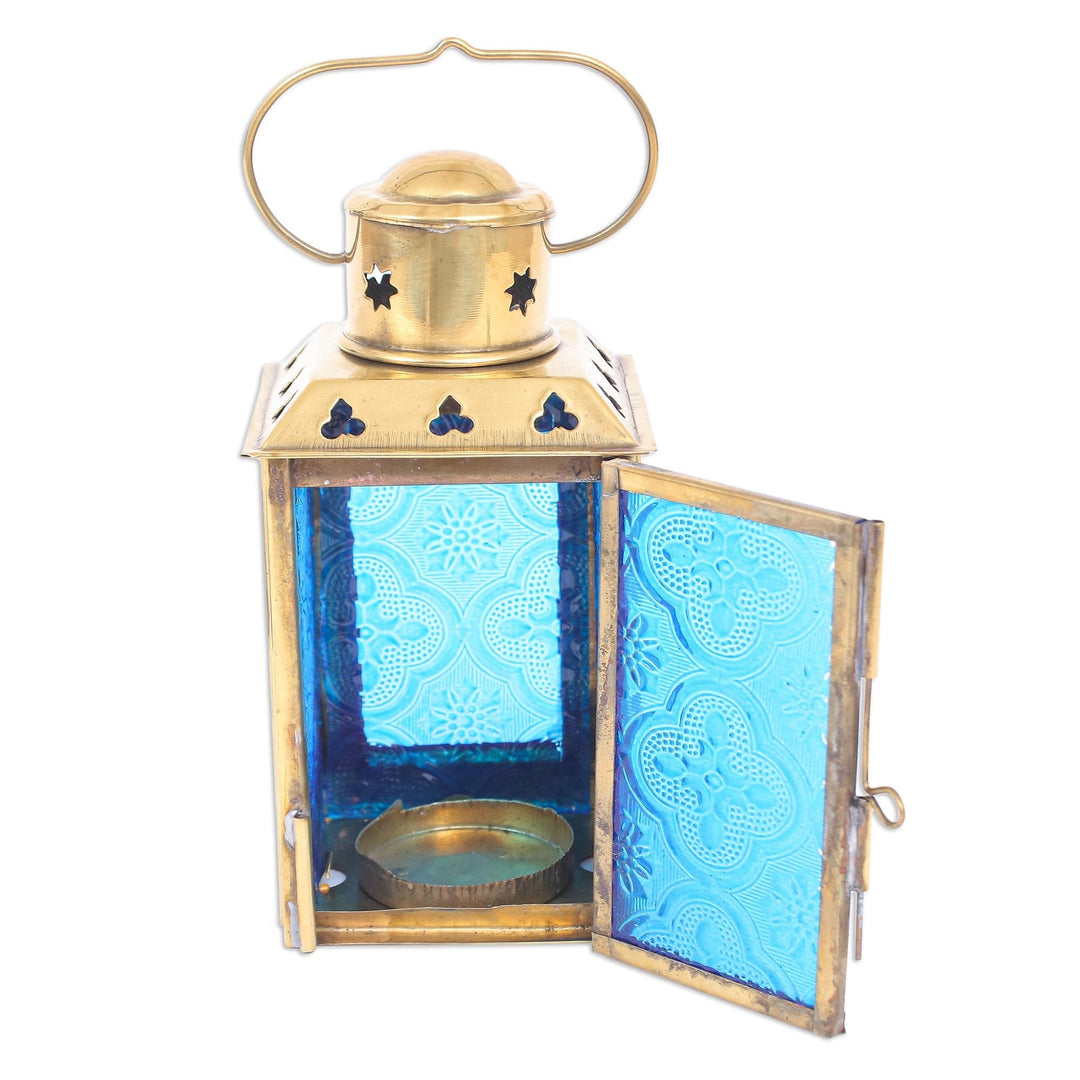 Blue Pressed Glass and Brass Tealight Holder - Lantern in Blue
