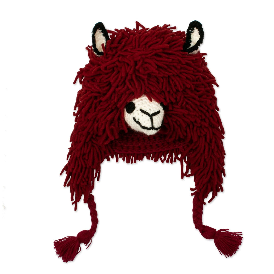 Furry Red Llama Beanie Hat from Peru - Smiling Llama