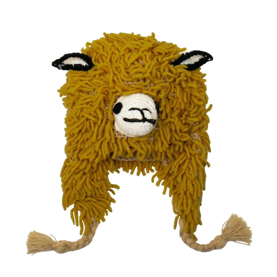 Furry Ochre Llama Wool Blend Beanie Hat from Peru - Mustard Llama