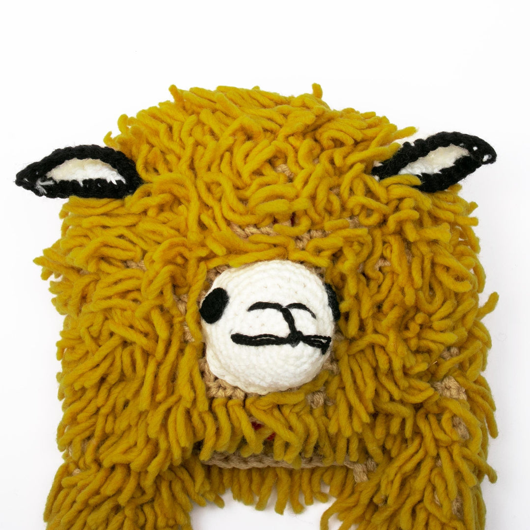 Furry Ochre Llama Wool Blend Beanie Hat from Peru - Mustard Llama