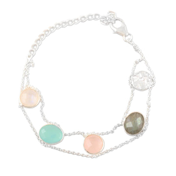 Rainbow Moonstone and Rose Quartz Charm Bracelet - Seaside Town