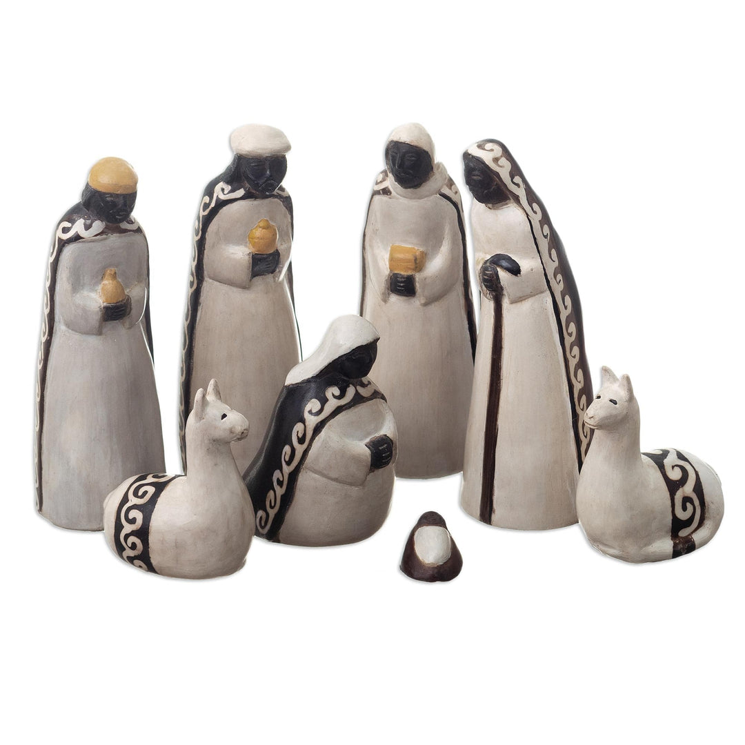 8-Piece Black & White Chulucanas Ceramic Nativity Scene - Reverent Nativity