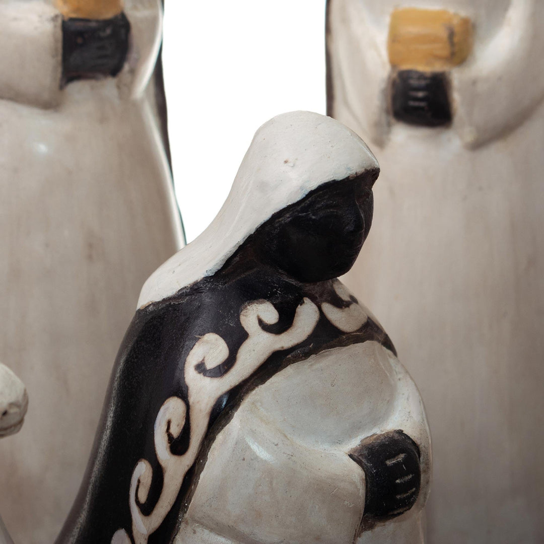 8-Piece Black & White Chulucanas Ceramic Nativity Scene - Reverent Nativity